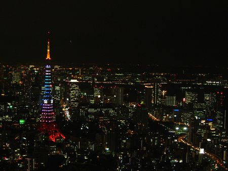 東京タワーの新ライトアップ「ダイヤモンドヴェール・スペシャルレインボー」(1)/六本木ヒルズ・スカイデッキより/2008.12.1